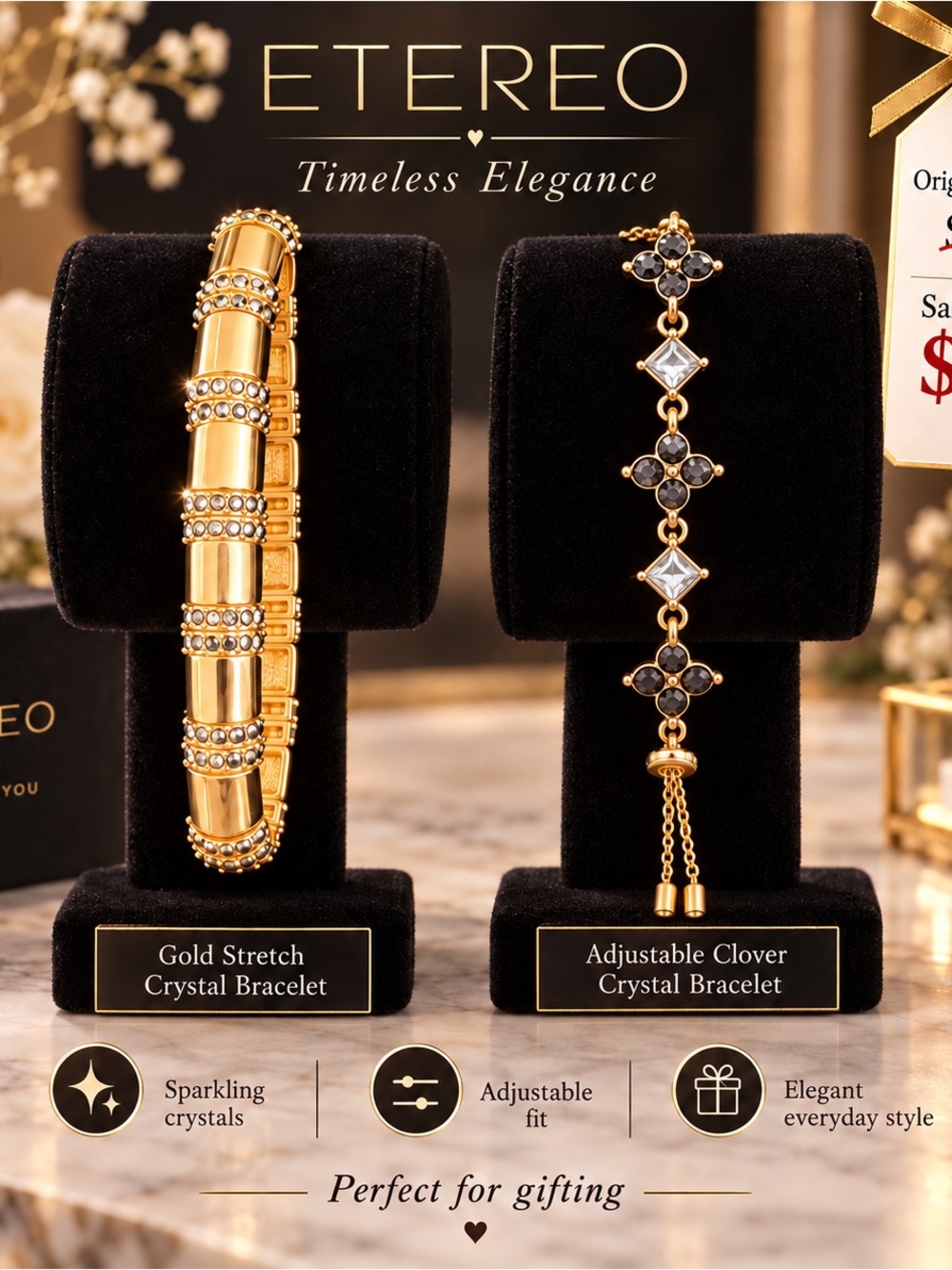 Gold Stretch Crystal Bracelet - Gold Crystal Adjustable Clover Bracelet